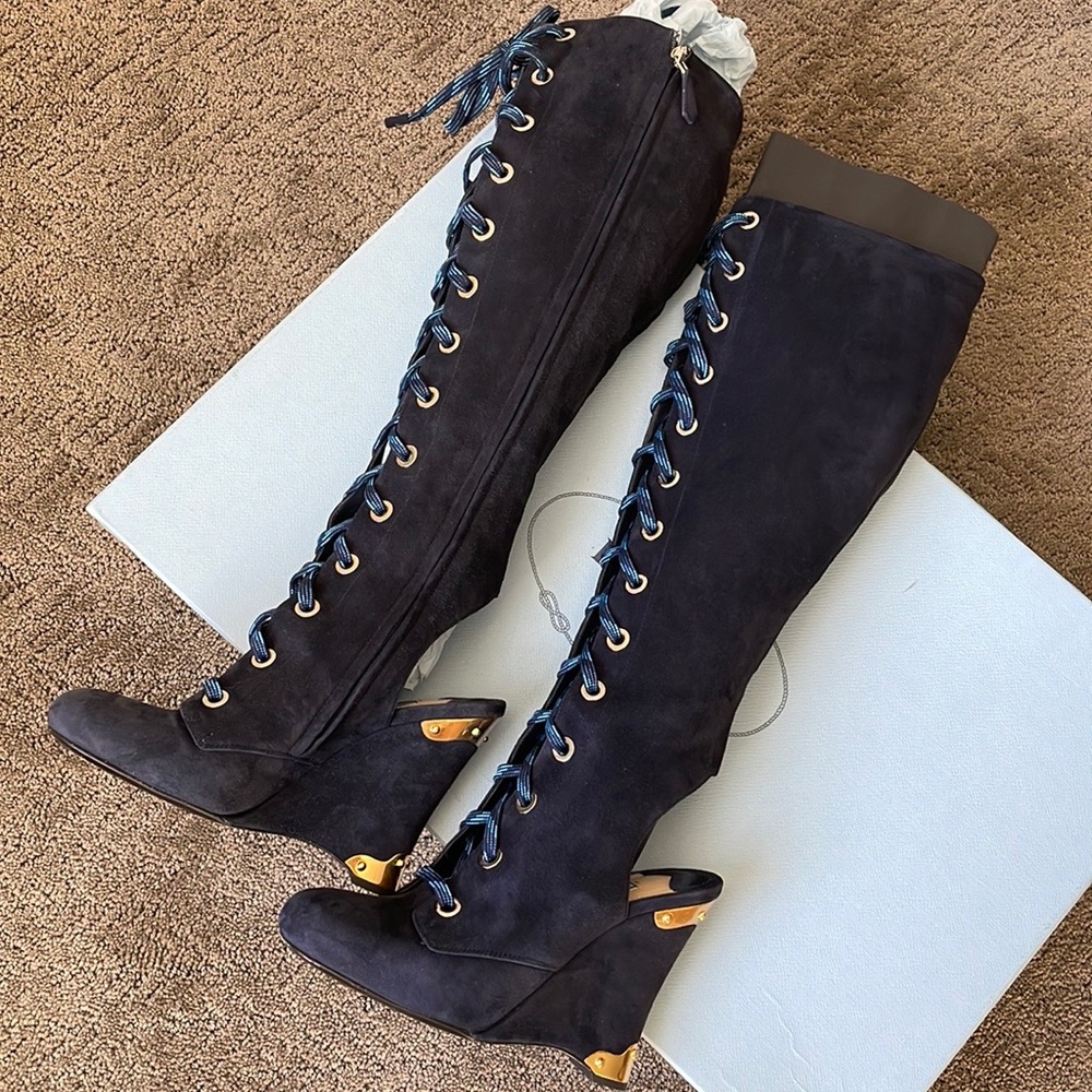 PRADA DARK BLUE LACED KNEW OPEN HEEL BOOTS SIZE 6.5 (36.5 Italian size) - Picture 14 of 17